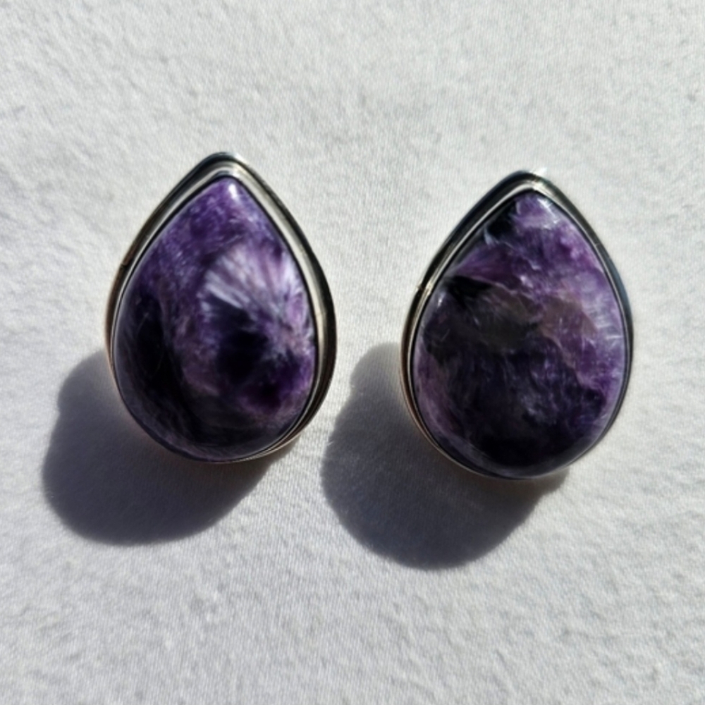 Vintage Sterling Silver Charoite Teardrop Stud Earrings - Picture 3 of 5